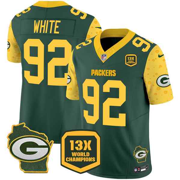 Men's Green Bay Packers #92 Reggie White Cheese Green 2024 F.U.S.E. 13 Time World Champions And Home Patch Vapor Untouchable Limited Stitched Football Jersey